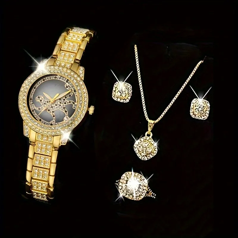 Luxury Watch Gift For Her - 5-teiliges Set Damen-Uhr Geparden-Leoparden-Quarzuhr Luxus-Strass-Analog-Armbanduhr &