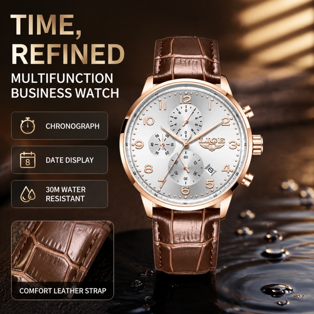 Luxury Watch Top 10 - LIGE Neue Herrenuhr, Modische Top-Marke, Luxus-Lederuhr